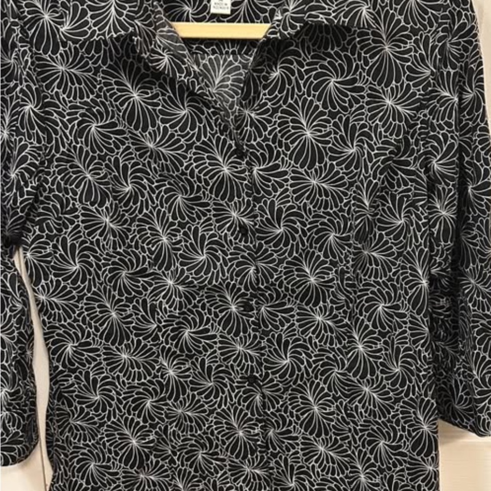 Talbots Black and White Floral Button-Up Blouse